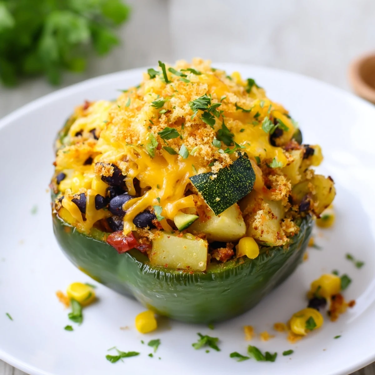 Baked Cajun Potato Stuffed Bell Peppers with melted cheese topping and roasted red pepper halves, ready to serve hot.