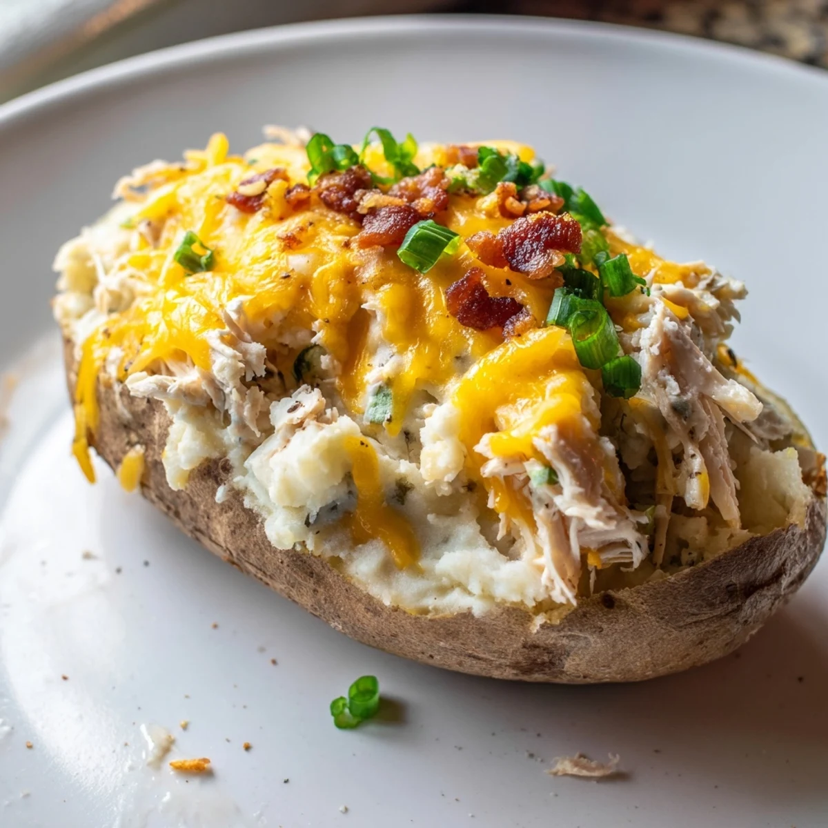 Golden-brown twice-baked potatoes topped with melted cheddar and fresh parsley on a rustic plate.