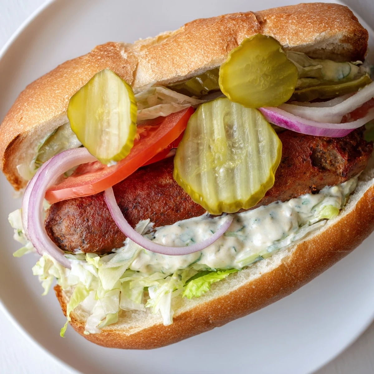 A close-up of Grilled Cajun Beef Sausage Po Boy Sandwiches with ripe tomatoes and tangy pickles on crusty bread.