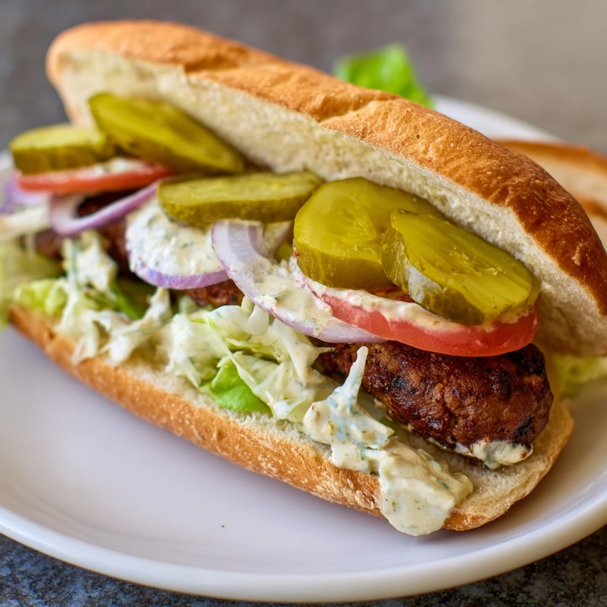 Plated Grilled Cajun Beef Sausage Po Boy Sandwiches serve with Zapps chips on a rustic wooden table.