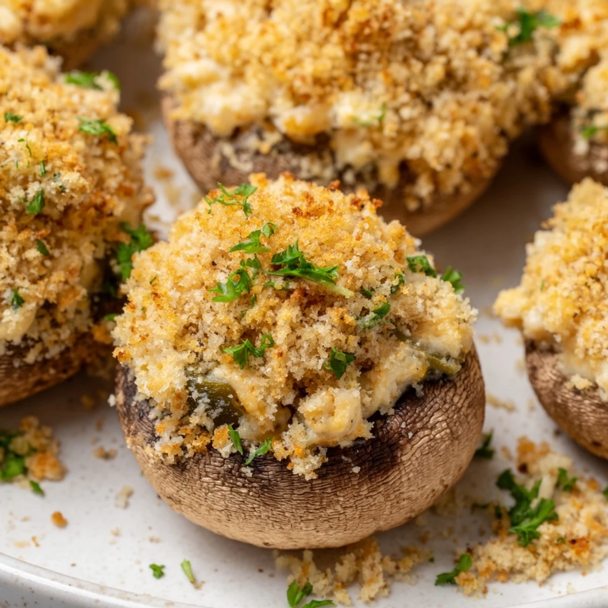 Golden-brown mozzarella popper stuffed mushrooms with melted cheddar and a crispy breadcrumb topping on a rustic wooden board.