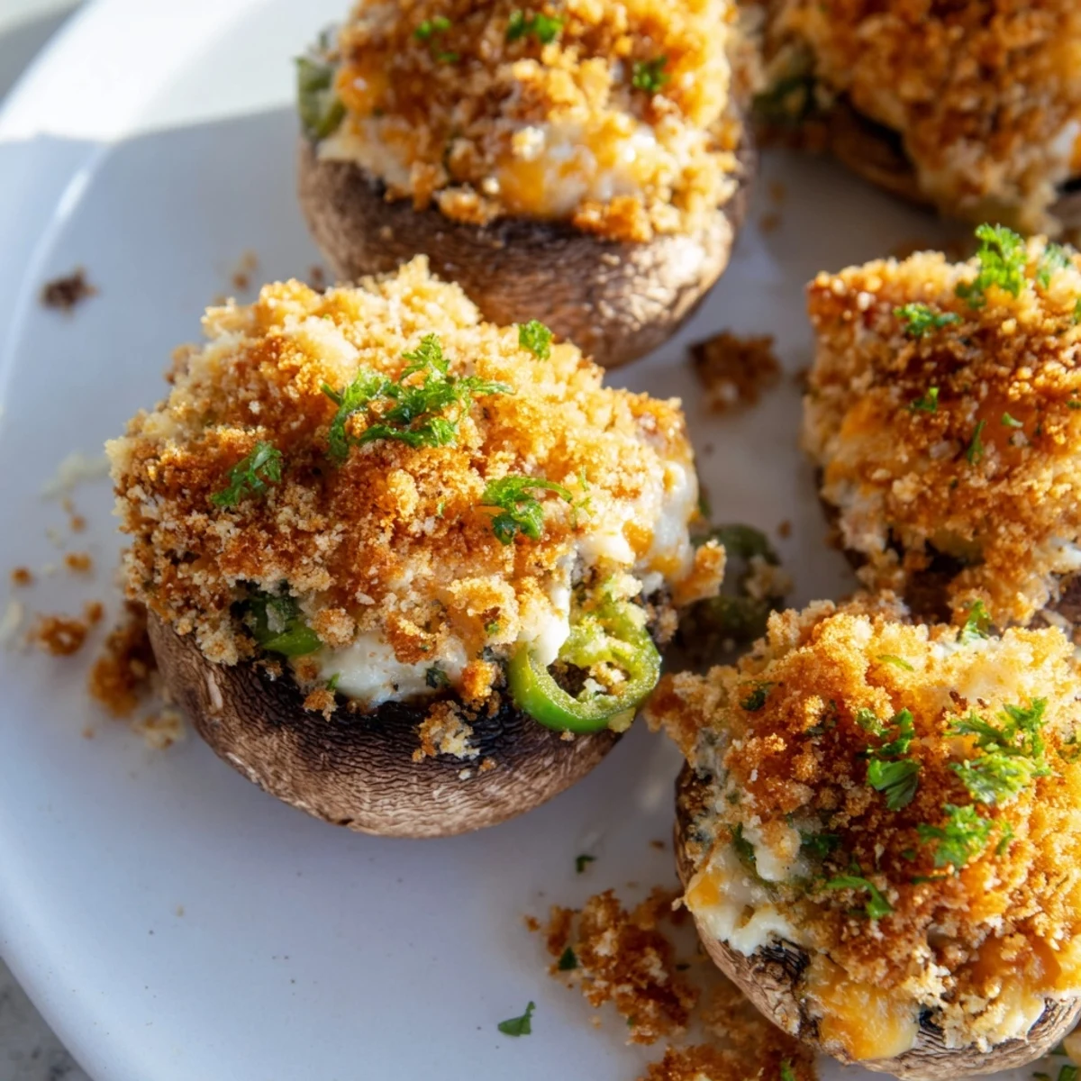 Tender mushroom caps filled with creamy mozzarella popper stuffed mushrooms with cheddar and spices, garnished with fresh parsley and jalapeño bits.