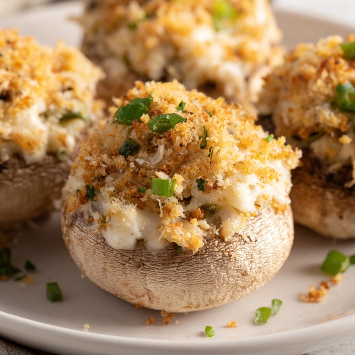 A close-up of mozzarella popper stuffed mushrooms with cheddar and spices, served warm on a platter with a drizzle of spicy ranch.