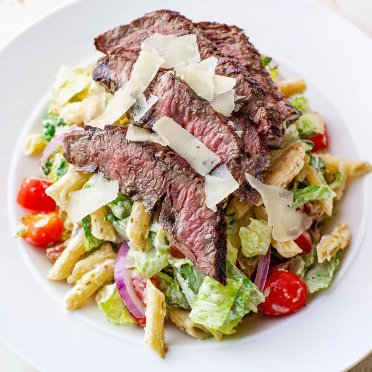 Juicy grilled steak slices rest on a bed of crisp romaine and al dente pasta, all tossed in creamy Caesar dressing.