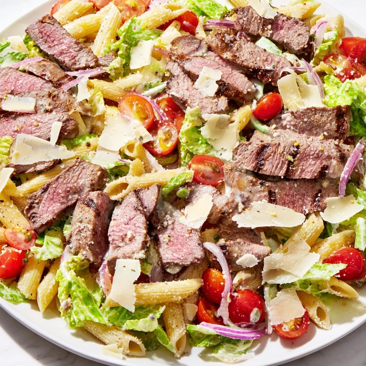 Close-up of vibrant Flavorful Steak Caesar Pasta Salad with cherry tomatoes and red onion, showcasing its colorful, fresh ingredients.