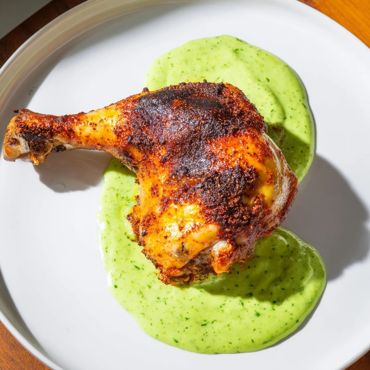 Golden-brown Peruvian roast chicken with creamy green sauce garnished with fresh cilantro leaves on a rustic wooden board.