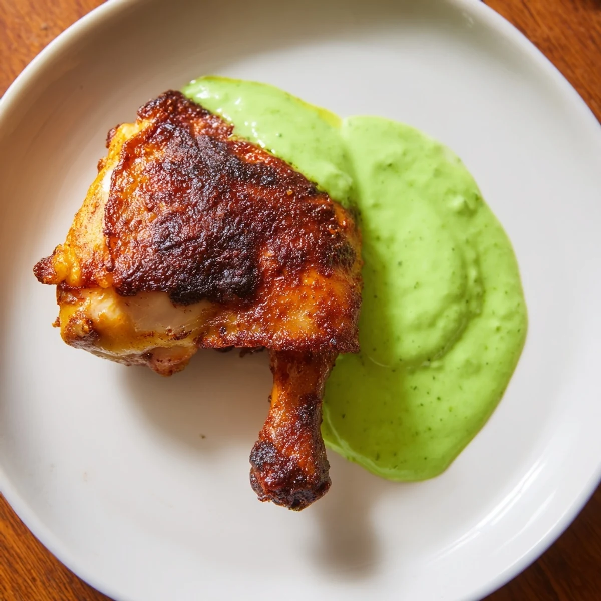 Juicy Peruvian roast chicken plated beside a vibrant green sauce and roasted potatoes for a complete meal.