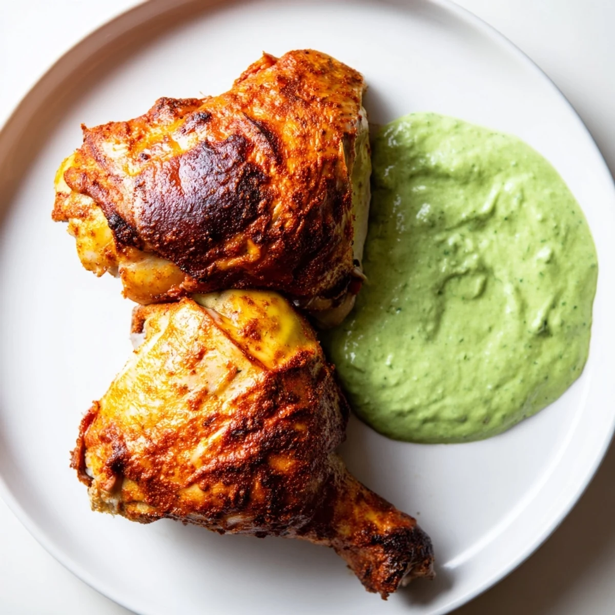 Close-up of tender Peruvian roast chicken with golden skin and a dollop of herby creamy green sauce.