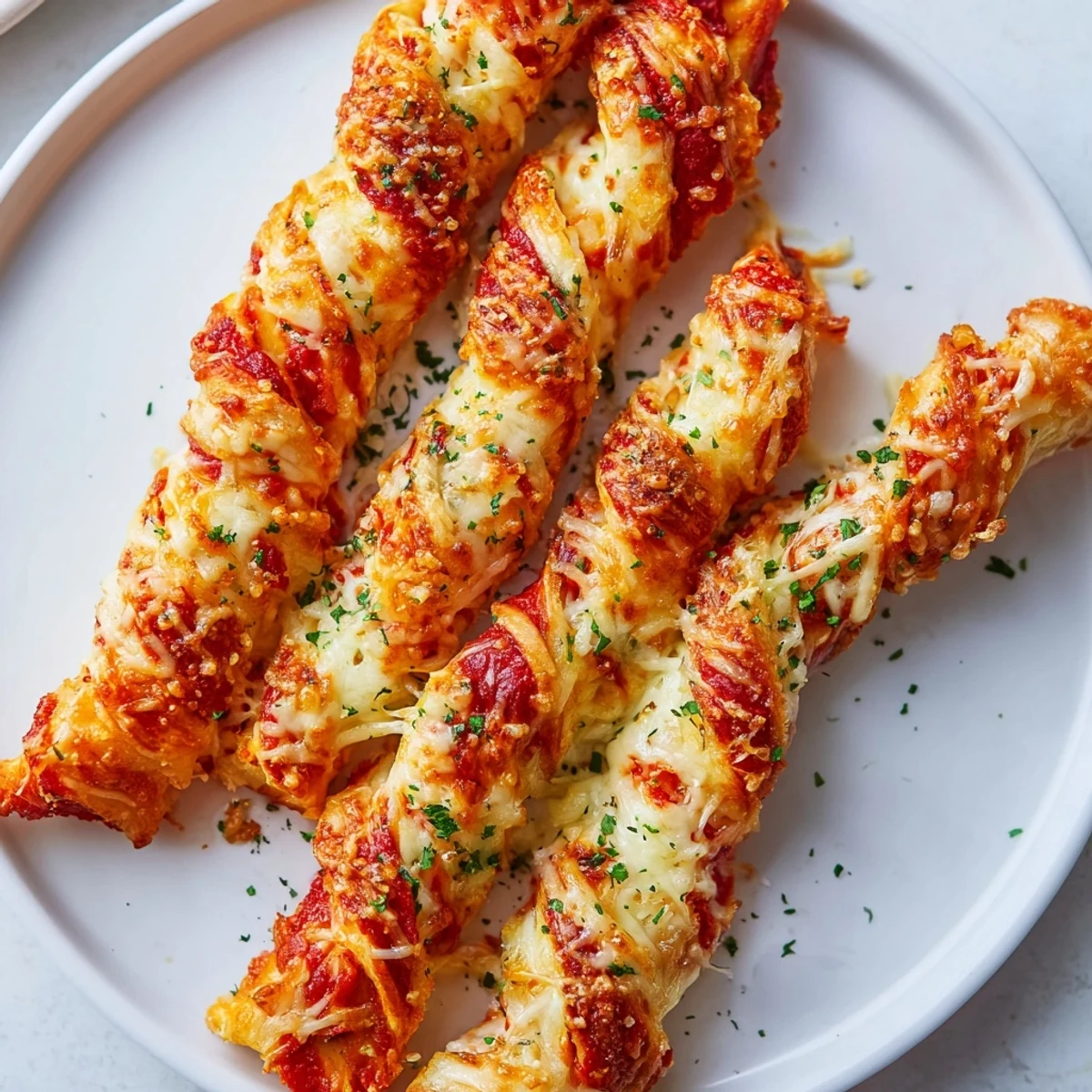 Crispy Air Fryer Pizza Cheese Bread Twists are golden, golden-brown twists brushed with garlic butter and served with warm pizza sauce.