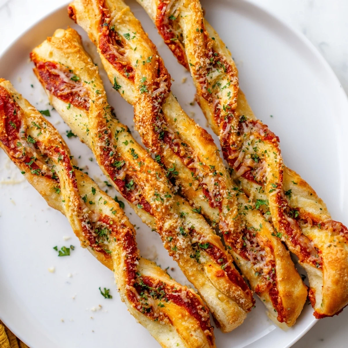 Freshly air-fried Crispy Air Fryer Pizza Cheese Bread Twists rest on a platter, perfect for snacking alongside marinara dipping sauce.