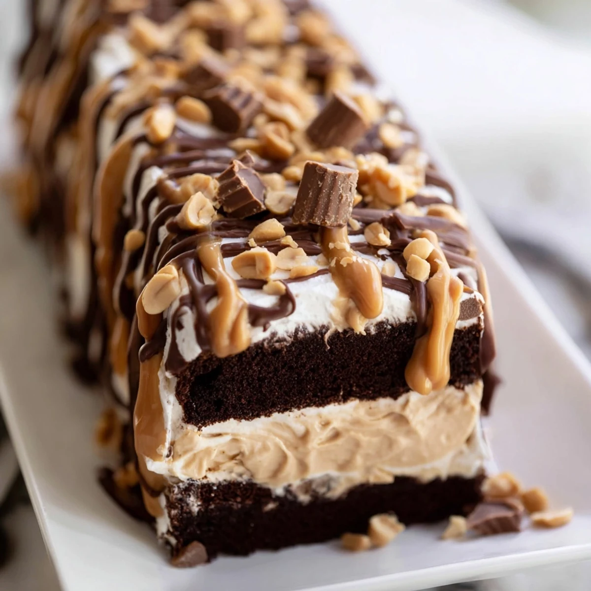 A close-up view of a Chocolate Peanut Butter Poke Cake slice showing moist chocolate layers soaked with creamy filling and glossy drizzle.