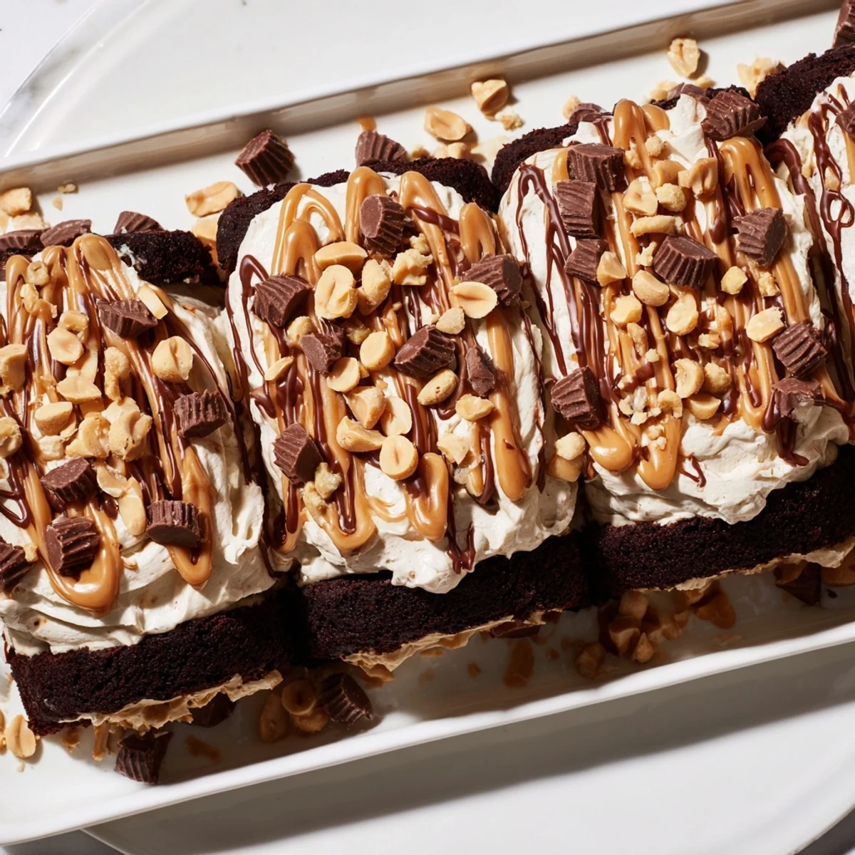 Freshly baked Chocolate Peanut Butter Poke Cake with whipped cream topping, chopped peanuts, and mini peanut butter cups garnish.