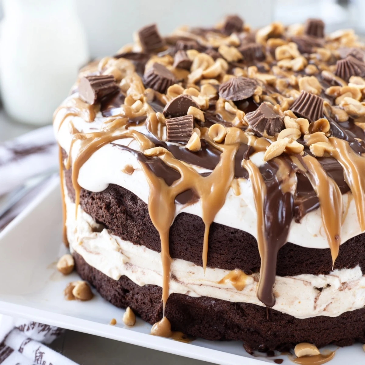 Decadent Chocolate Peanut Butter Poke Cake served on a white plate with a glass of cold milk beside it.