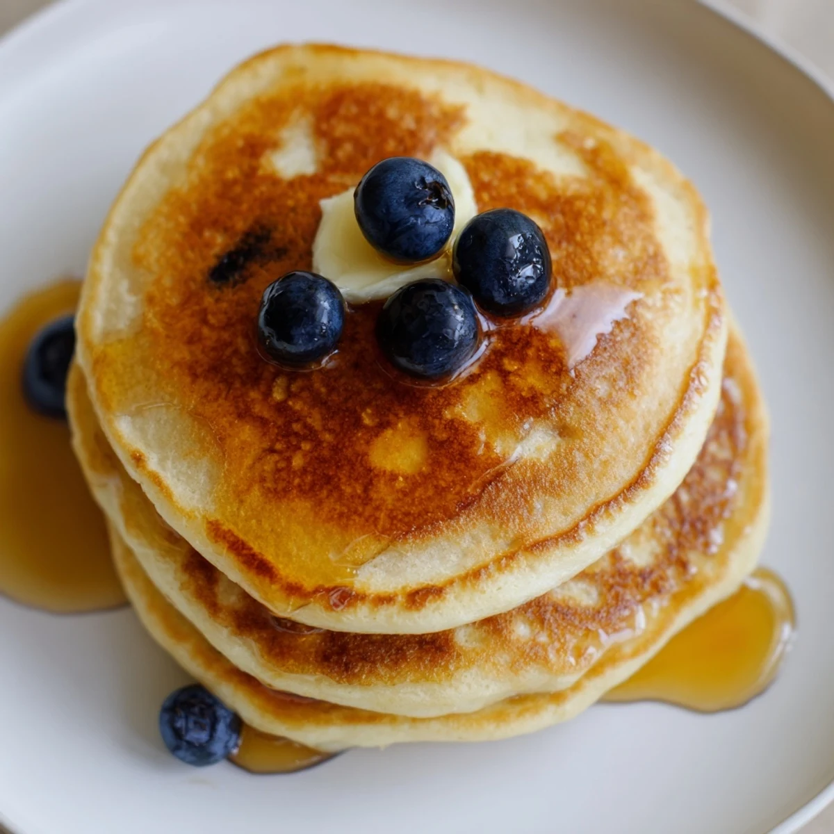 A close-up of Sourdough Discard Pancakes with a soft, airy crumb and a side of melted butter.
