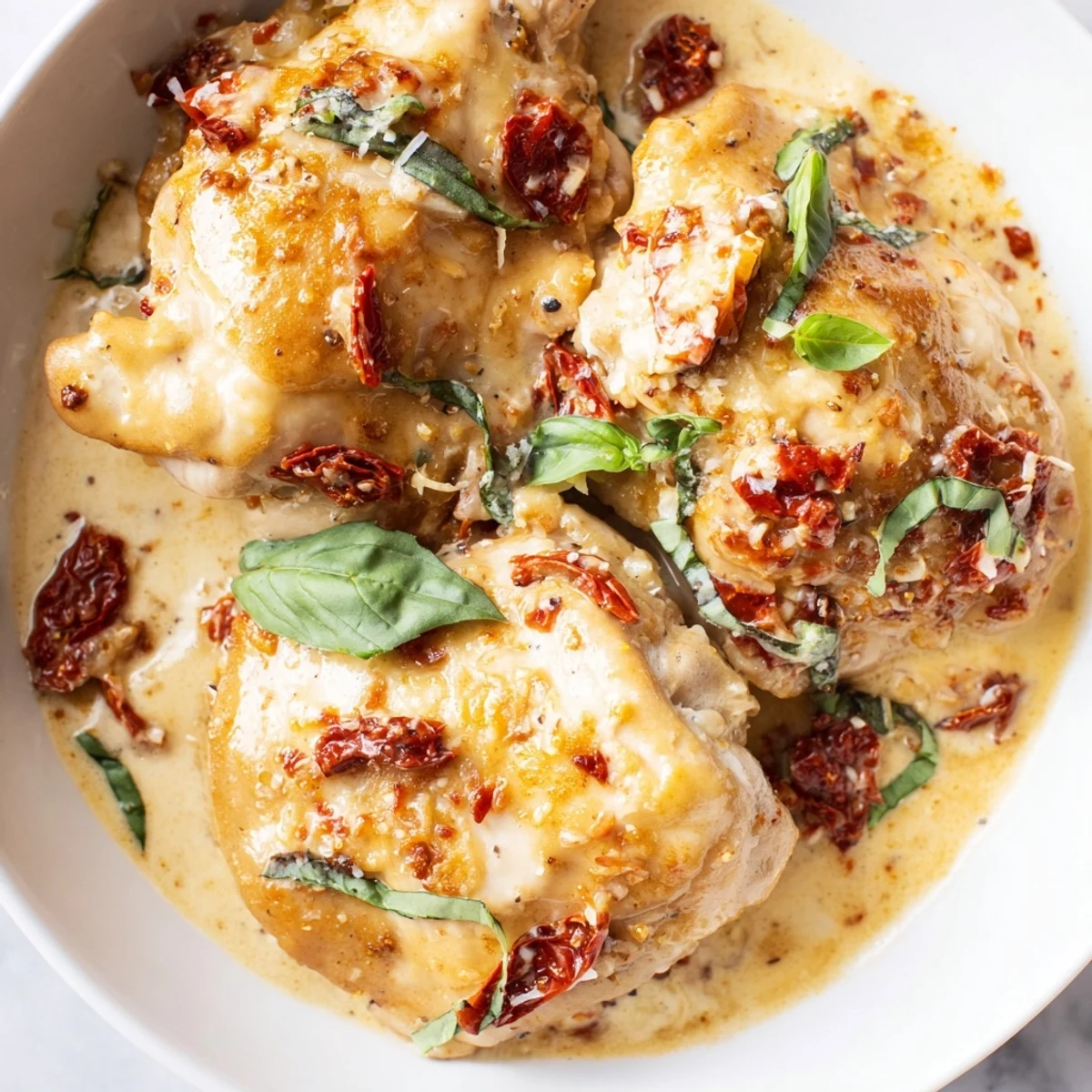 Golden-brown chicken breasts smothered in a creamy sun-dried tomato sauce, served over pasta with fresh basil garnish.