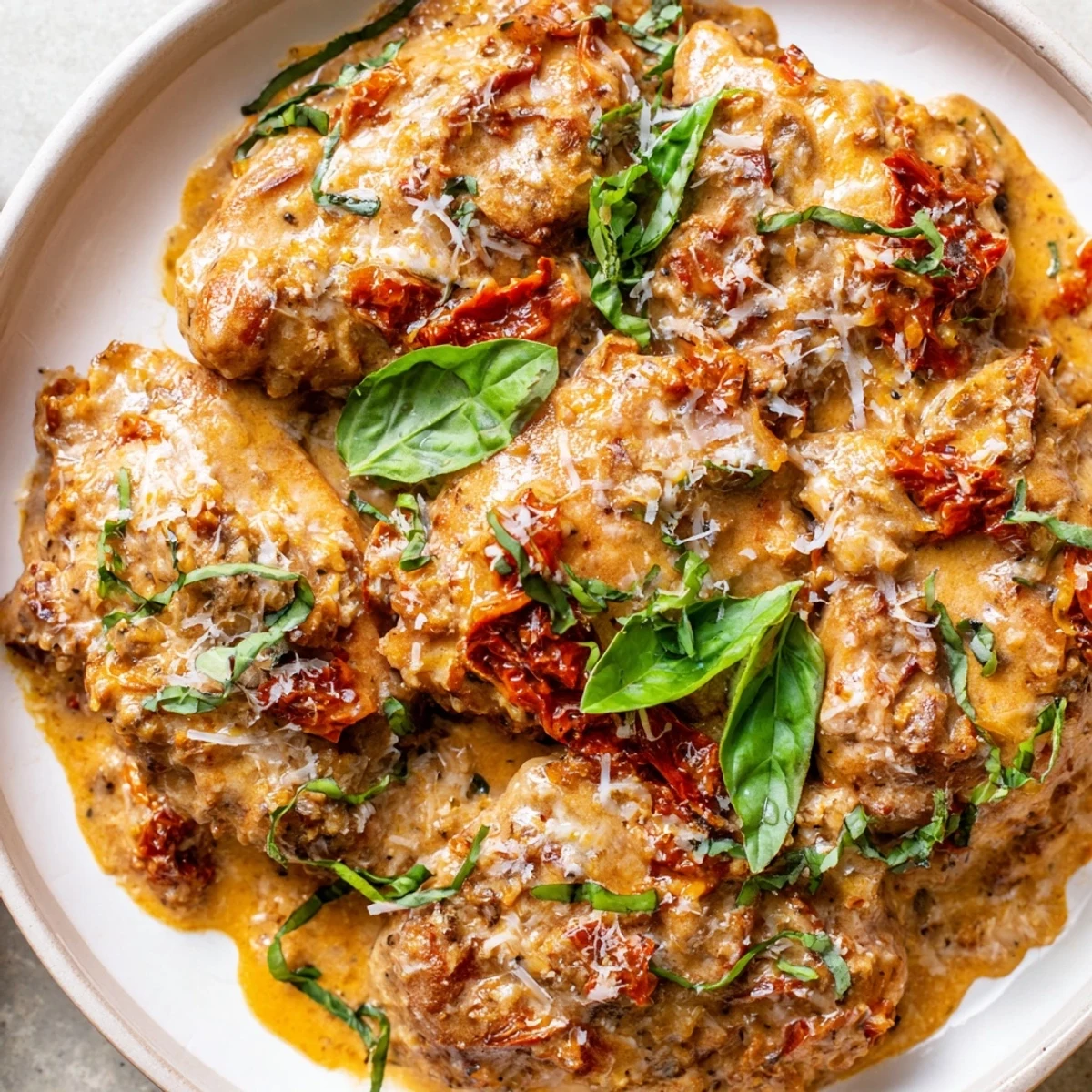 Juicy seared chicken simmering in a bubbly Parmesan and sun-dried tomato cream sauce, ready to serve.