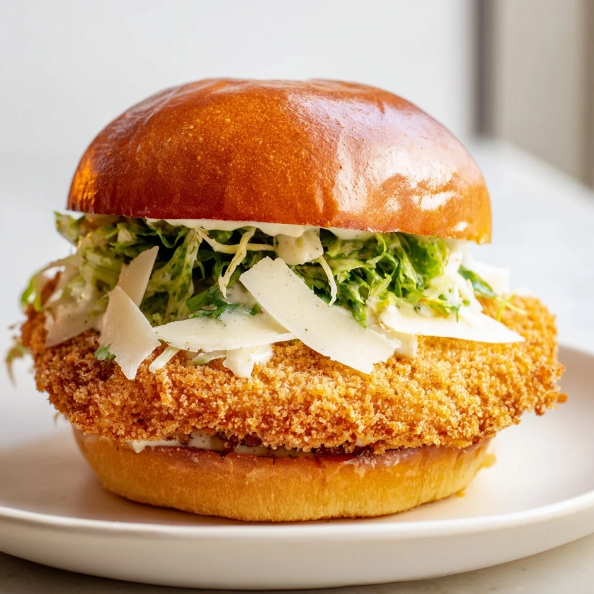 Mouthwatering Marry Me Crispy Chicken Caesar Sandwich with shaved Parmesan and tomato slices on a buttery toasted bun.