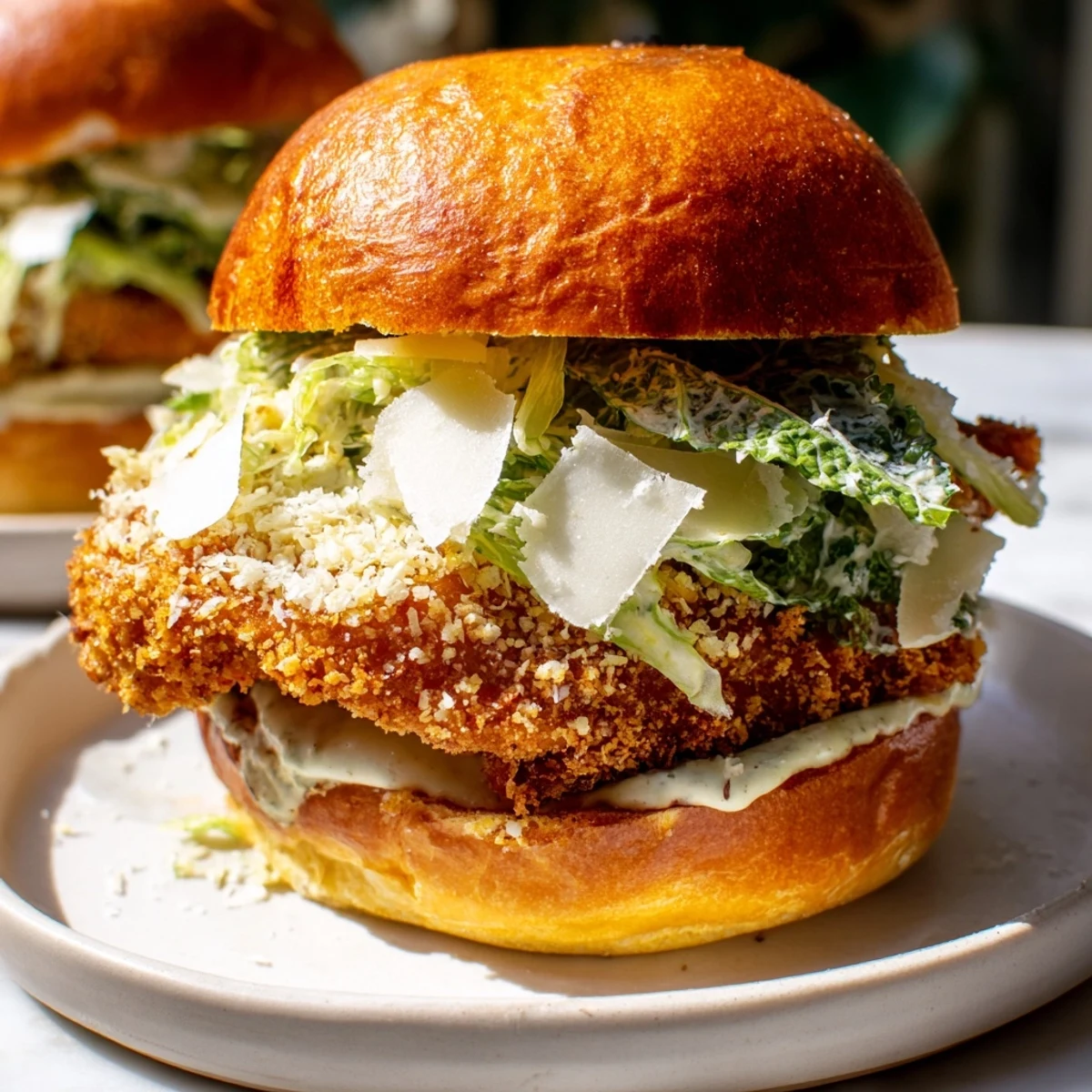Golden crispy chicken fillet layered with creamy Caesar dressing and fresh romaine lettuce inside a toasted brioche bun for a satisfying meal.