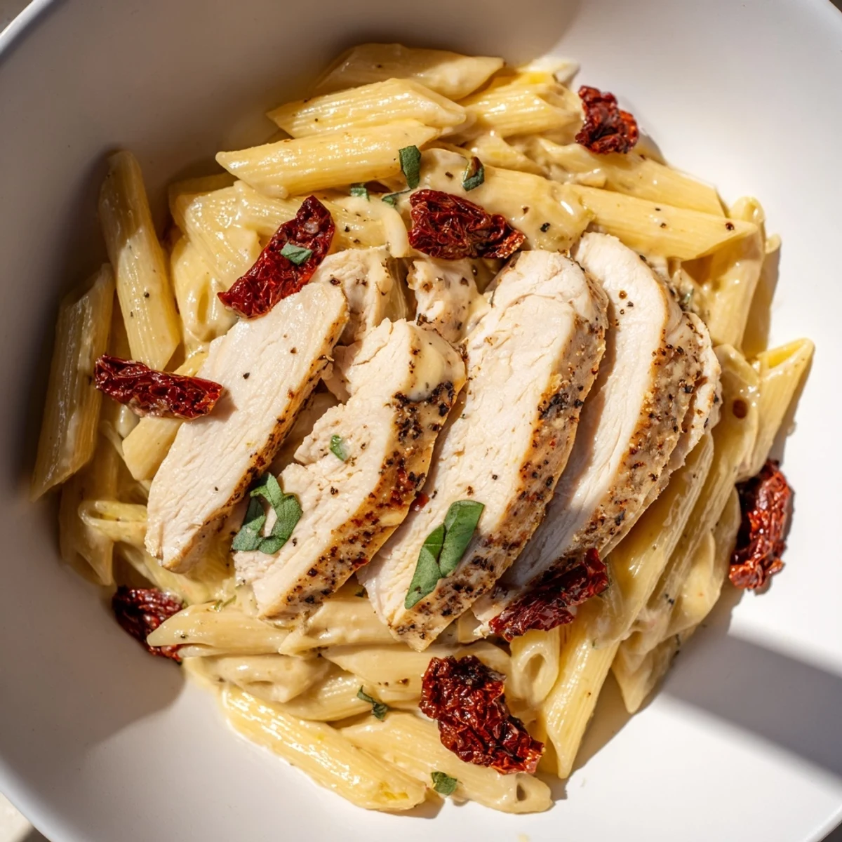 A close-up of Marry Me Garlic Parmesan Chicken Pasta beside a glass of white wine on a rustic table.