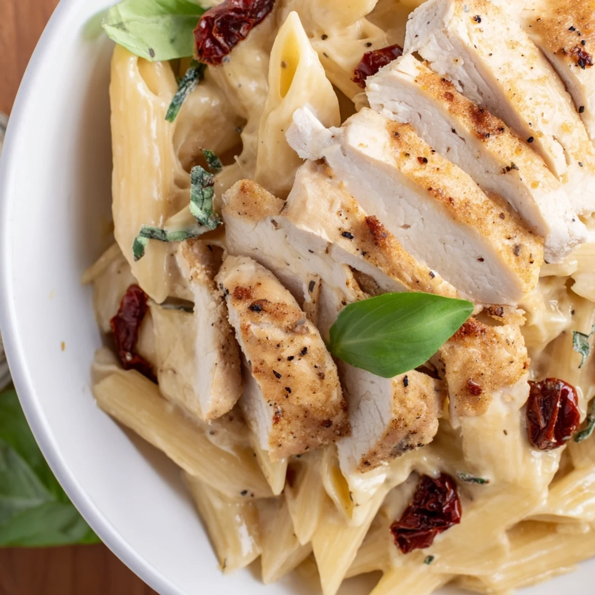 Sliced chicken and penne coated in creamy Marry Me Garlic Parmesan Chicken Pasta, with sun-dried tomatoes and fresh basil garnish.