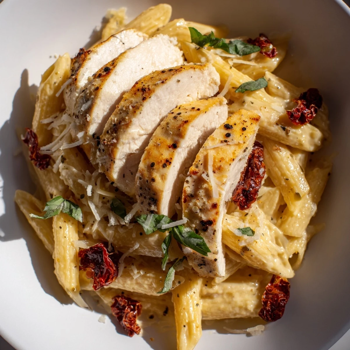 Steam rises from Marry Me Garlic Parmesan Chicken Pasta as a fork twirls noodles, garlic and Parmesan sauce visible.