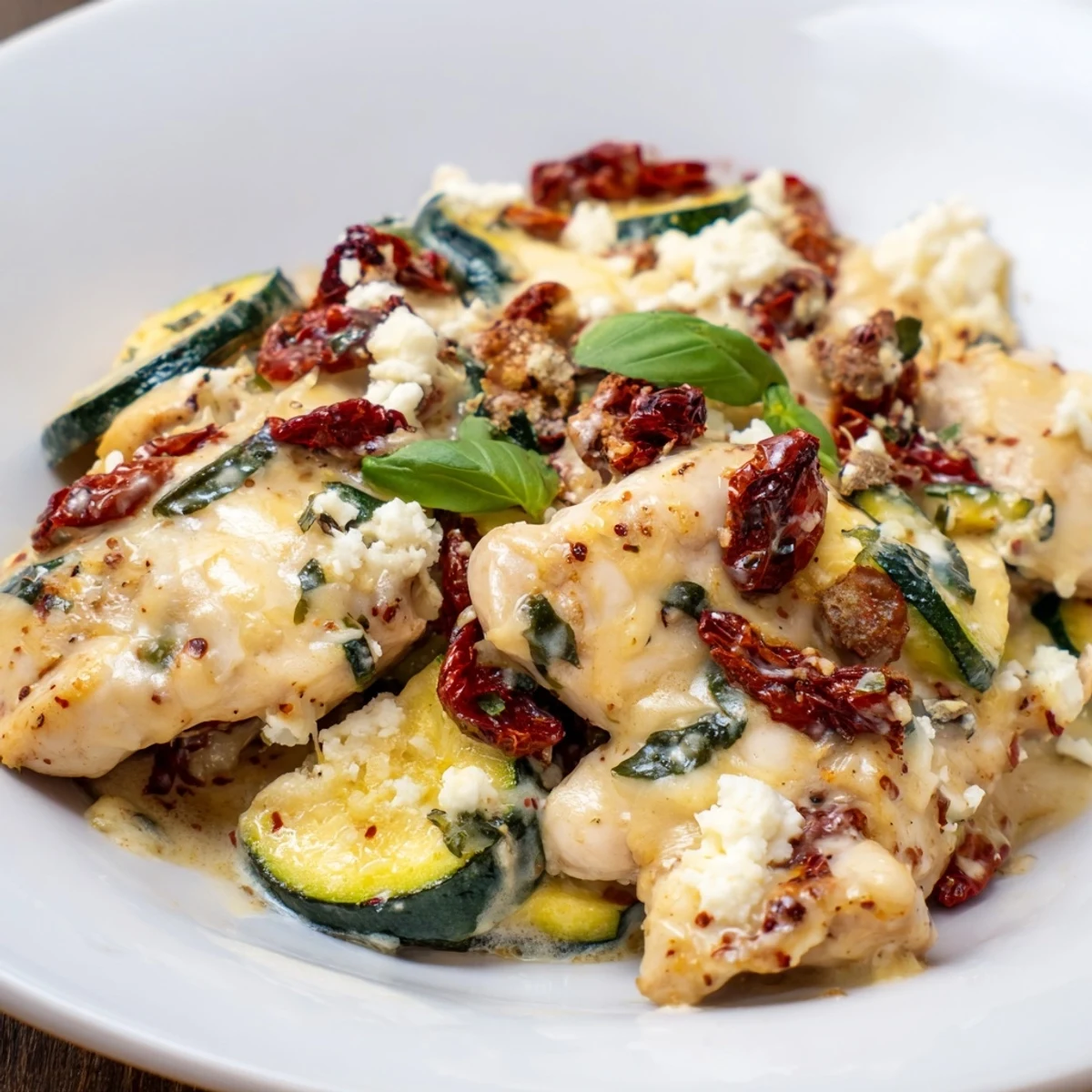 Serving Marry Me Mediterranean Chicken Zucchini Bake garnished with fresh basil next to a green salad.