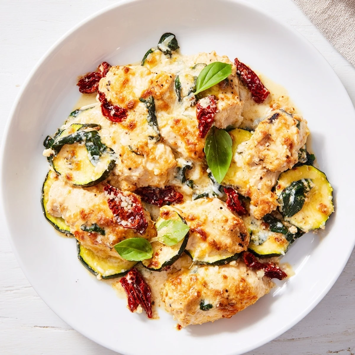 Freshly baked Marry Me Mediterranean Chicken Zucchini Bake with melted cheese and herbs bubbling on top.