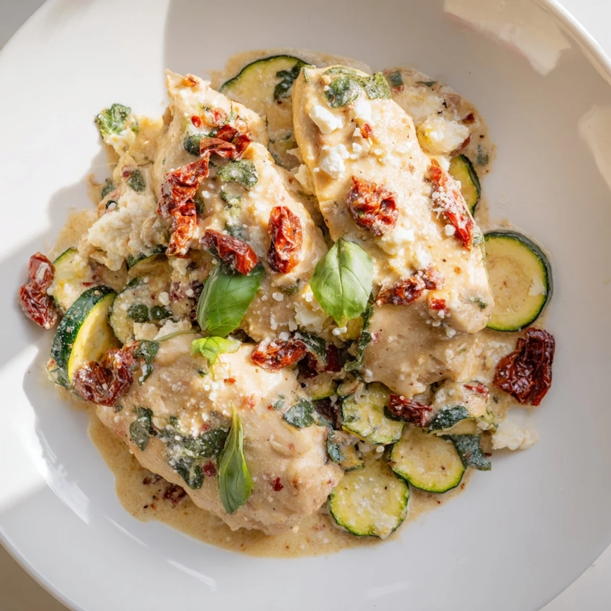 Golden Marry Me Mediterranean Chicken Zucchini Bake in a dish with zucchini, sun-dried tomatoes, and creamy sauce.