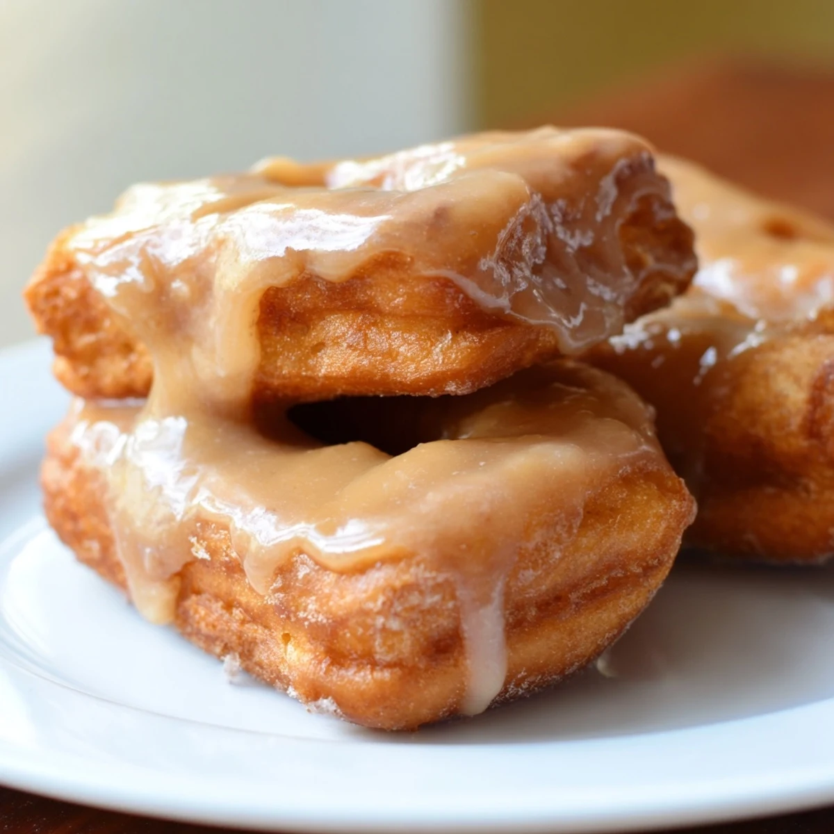 Freshly fried Maple Donut Bars are arranged on a wire rack, ready to be dipped in a rich maple glaze.