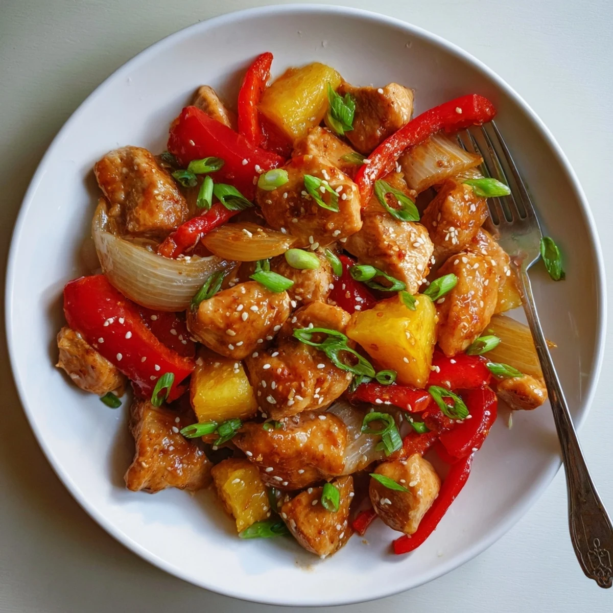 Tender pieces of Sweet Hawaiian Crockpot Chicken sit in a glossy, sweet pineapple sauce next to fluffy white rice.
