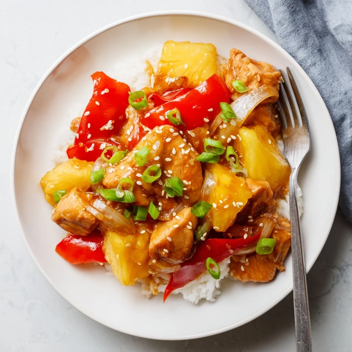 A slow cooker reveals Sweet Hawaiian Crockpot Chicken with vibrant red peppers and onions in a thick, savory glaze.