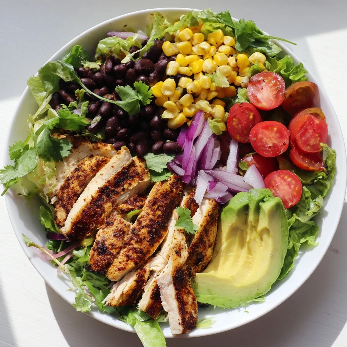 Colorful ingredients of the Chipotle Lime Chicken Salad include tender sliced chicken, vibrant red cherry tomatoes, sweet corn, and black beans for texture.