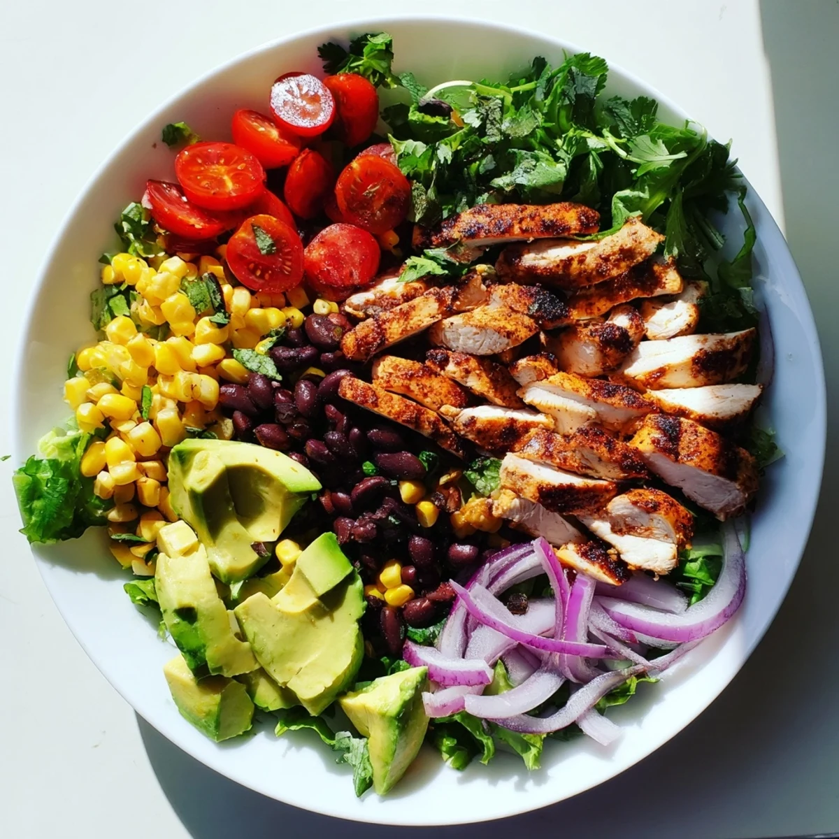The Chipotle Lime Chicken Salad features grilled chicken with smoky chili and lime zest over a bed of fresh crisp greens and creamy avocado slices.