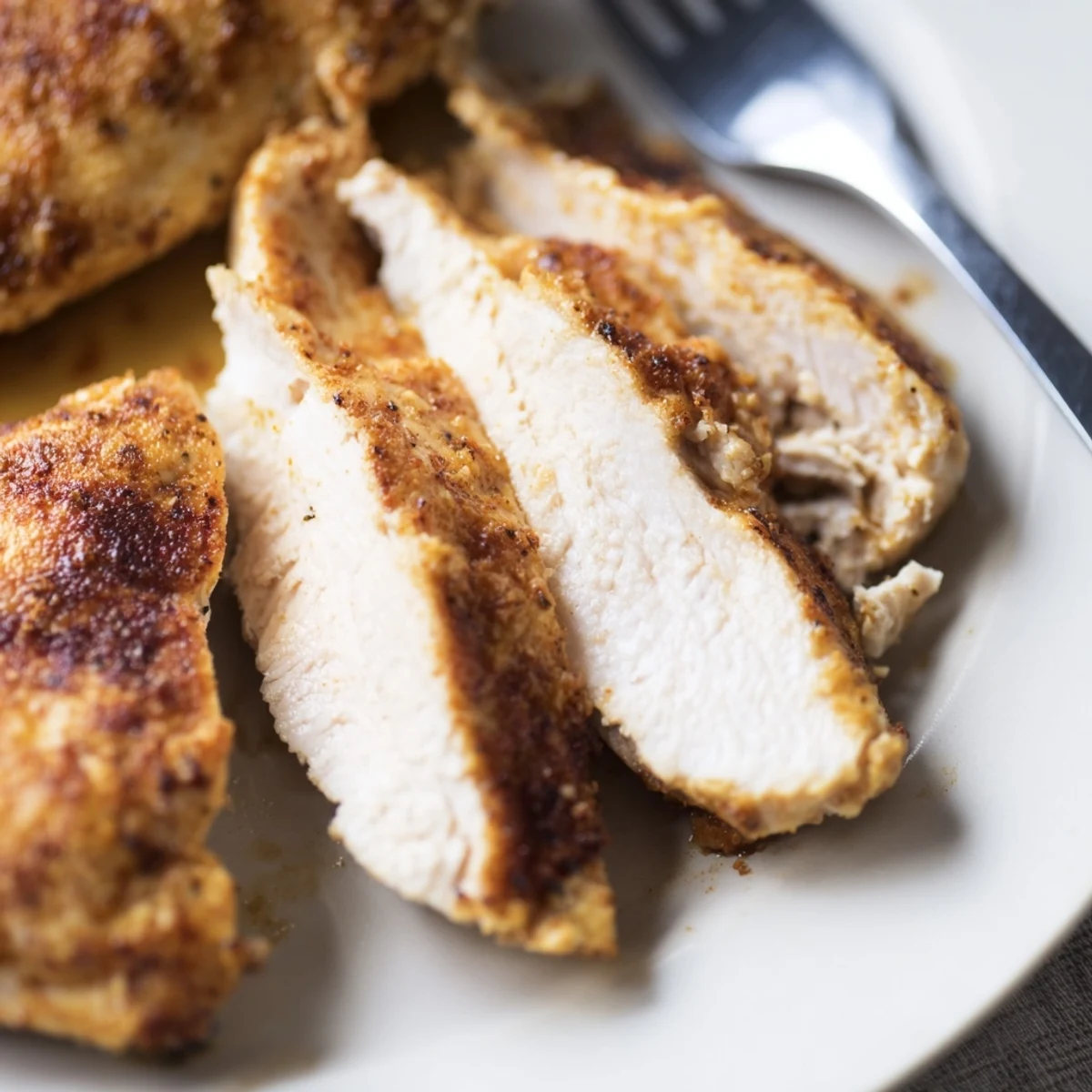 Oven Baked Chicken Breasts resting on a white plate with fresh parsley garnish and lemon wedges