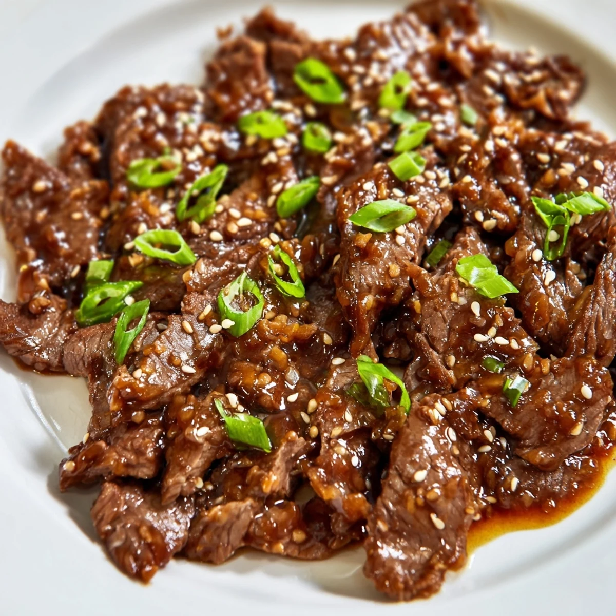 Plated Ultimate Slow Cooker Mongolian Beef served over fluffy white rice, steaming and ready for a weeknight family dinner.