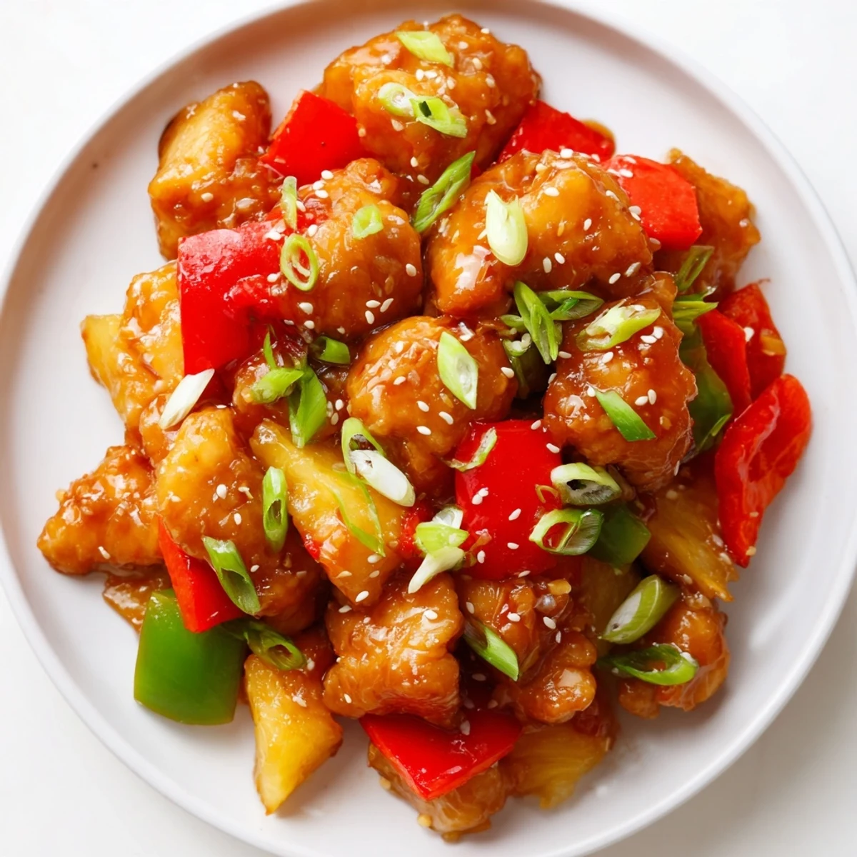 Slow Cooker Hawaiian Pineapple Chicken served over fluffy white rice, garnished with green onions and toasted sesame seeds.