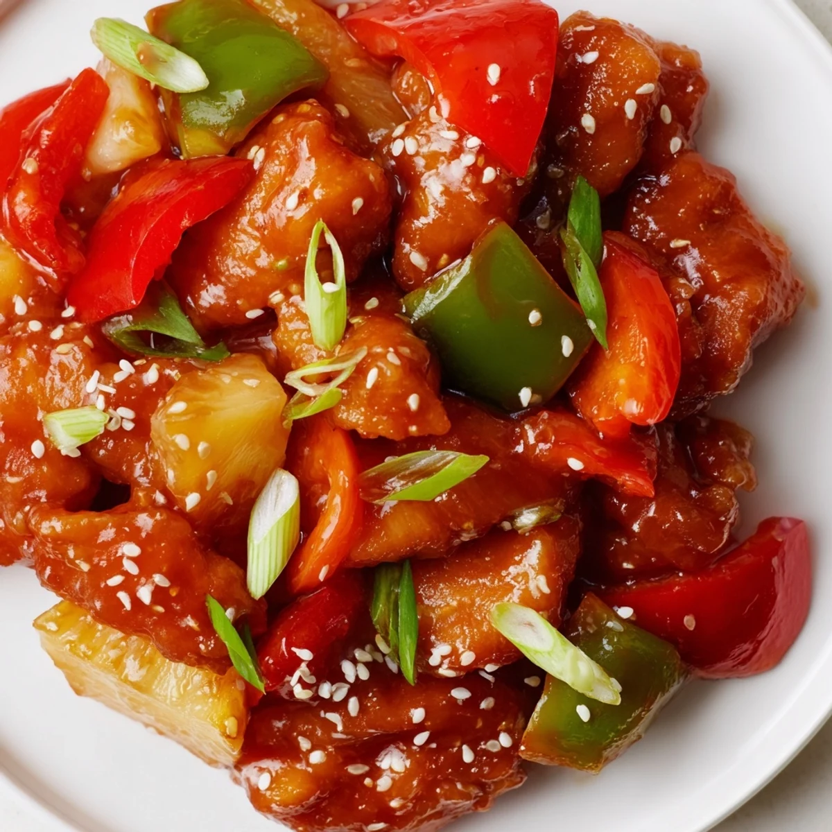Savory Slow Cooker Hawaiian Pineapple Chicken steaming in a ceramic dish with colorful bell peppers and tender pineapple chunks.