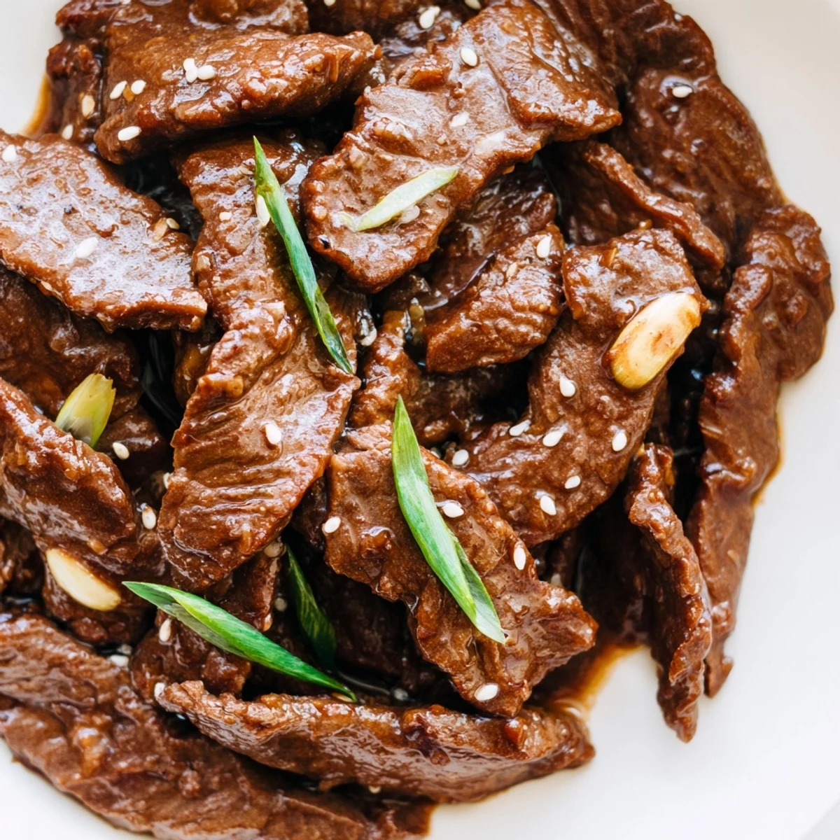 Tender strips of Ultimate Slow Cooker Mongolian Beef in a glossy, savory-sweet sauce garnished with green onions.