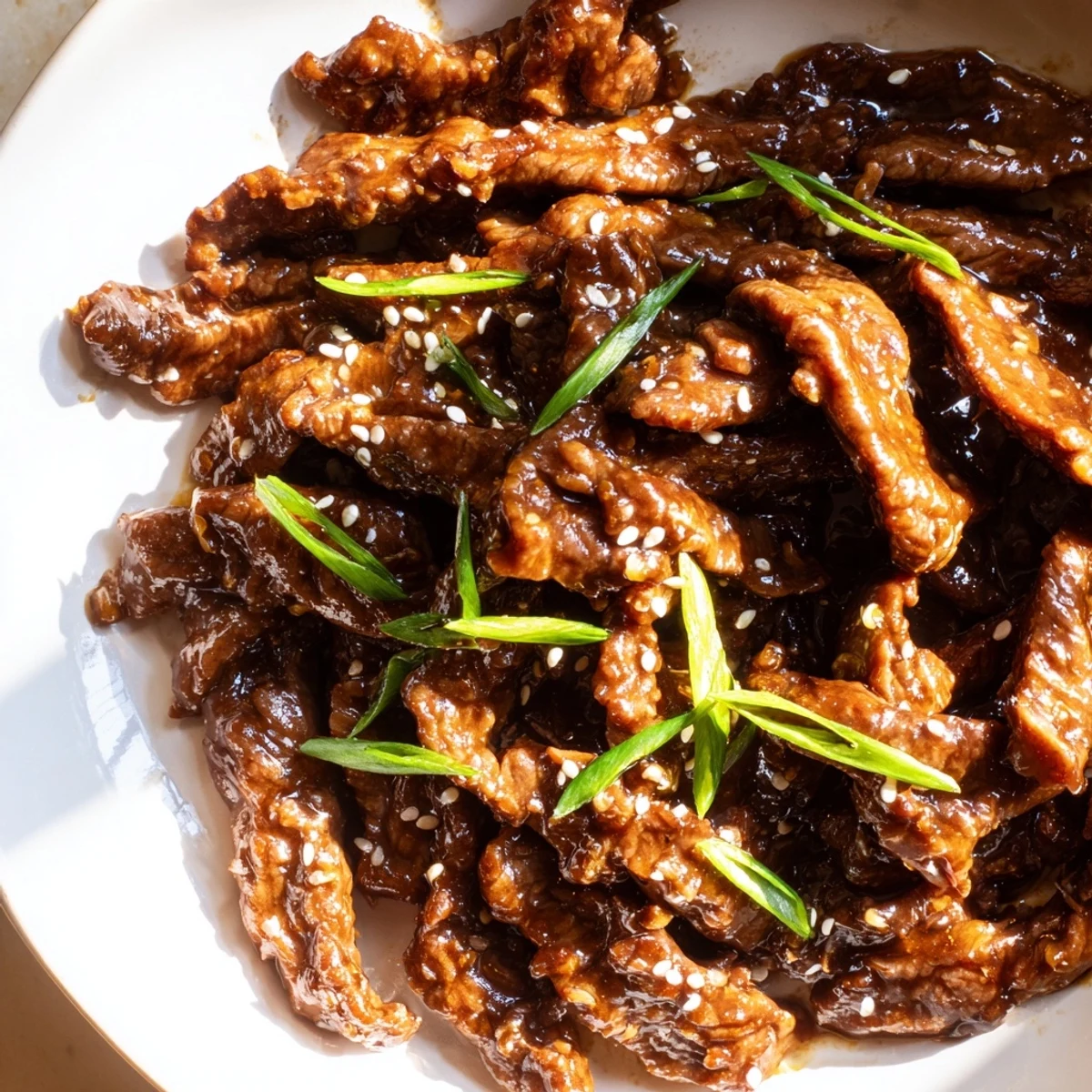 A close-up of Ultimate Slow Cooker Mongolian Beef reveals juicy beef coated in rich sauce with vibrant green onions.