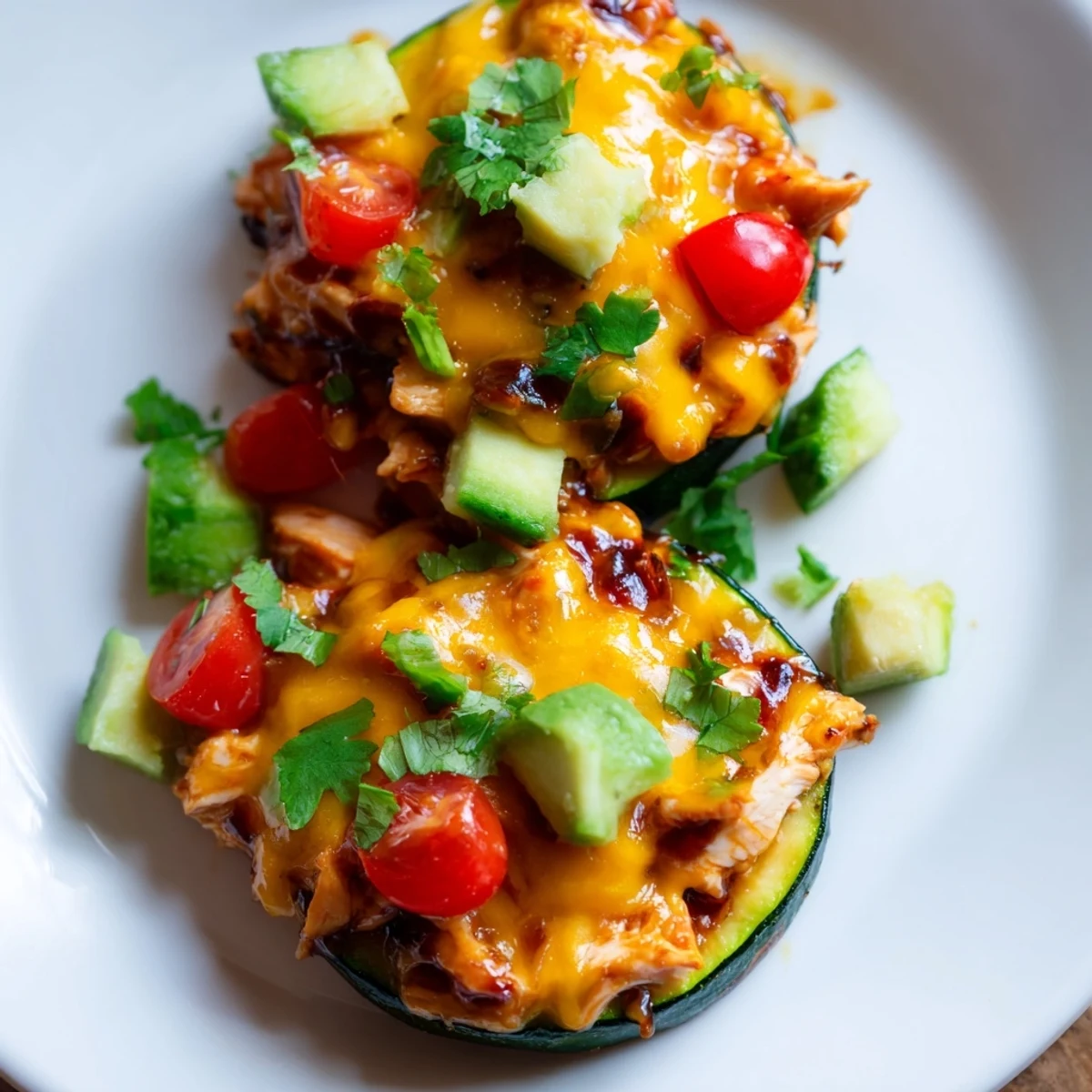 Roasted zucchini rounds topped with smoky BBQ chicken, melted cheddar, and fresh cilantro create a vibrant platter of Cheesy BBQ Chicken Zucchini Nachos for a low-carb appetizer.