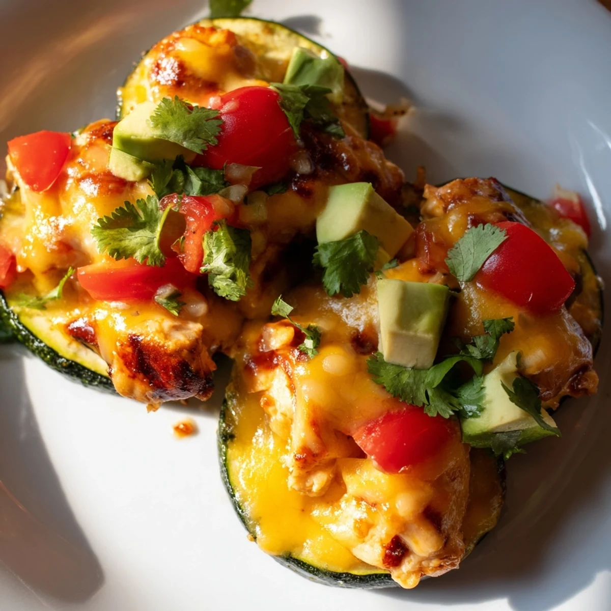 Fresh diced tomatoes and red onion add crunch to these colorful Cheesy BBQ Chicken Zucchini Nachos served with lime wedges for a zesty finish on a rustic table.