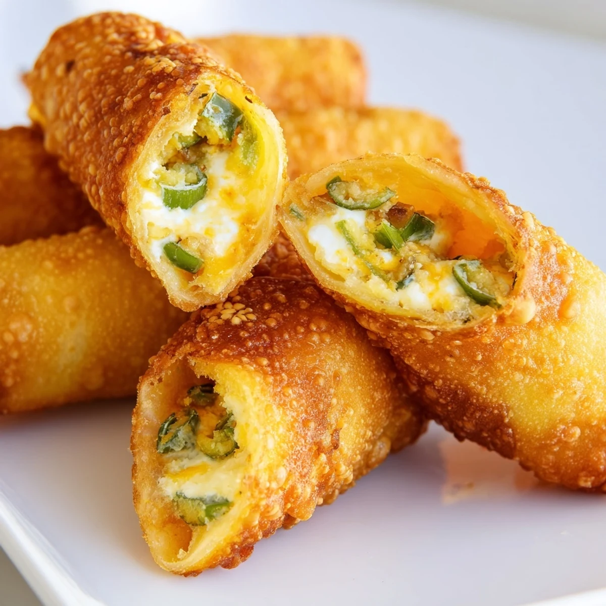 Golden-brown Mini Jalapeño Popper Egg Rolls arranged on a white platter with a side of creamy ranch dip, showcasing crispy textures and melted cheese filling.