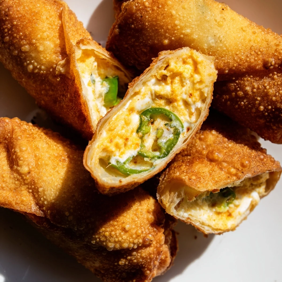 Close-up of a halved Mini Jalapeño Popper Egg Roll revealing a creamy mixture of cheddar, jalapeños, and green onions, served on a game day appetizer table.