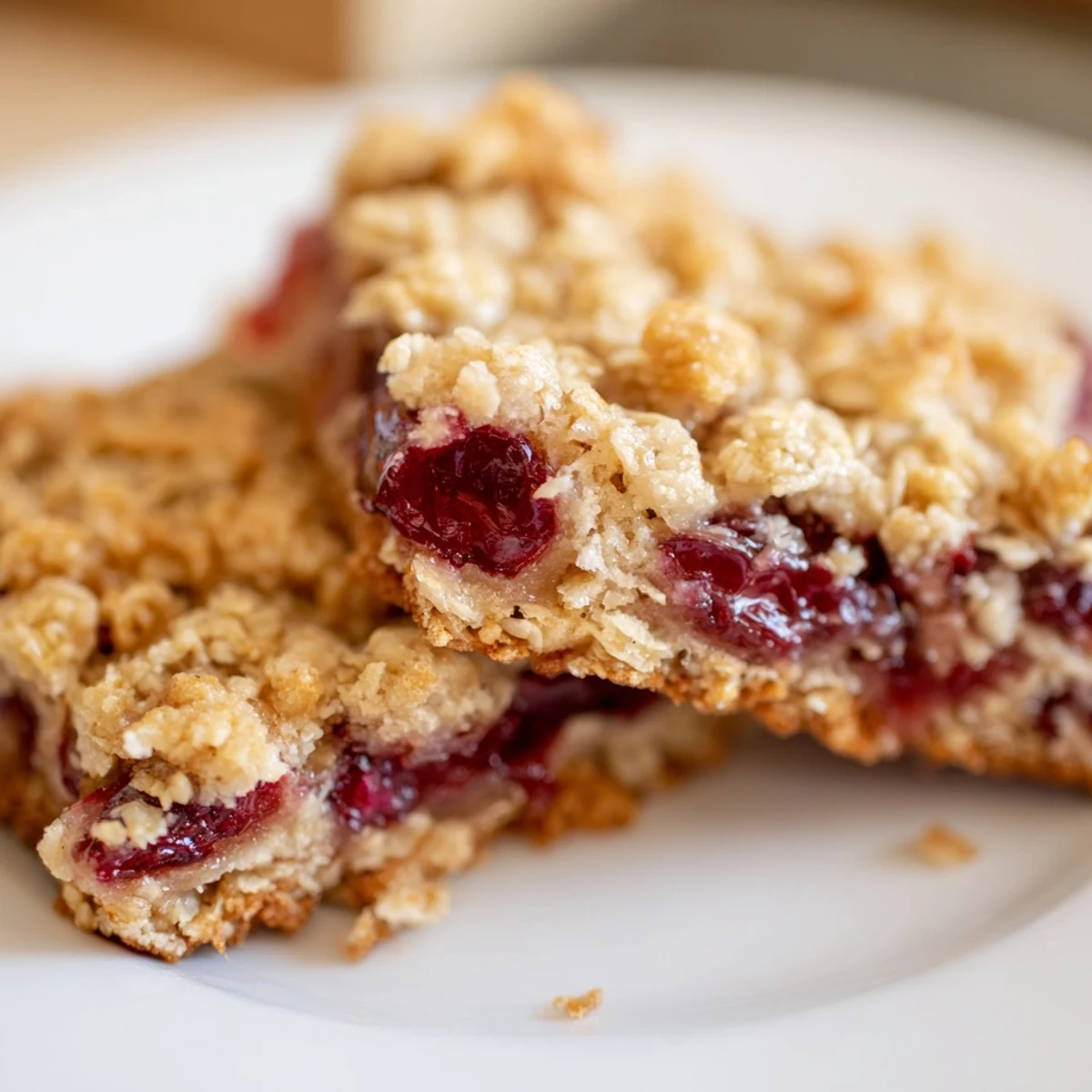 A close-up of golden-brown Cherry Crumble Bars with a ruby-red cherry filling oozing slightly from the cut edges.