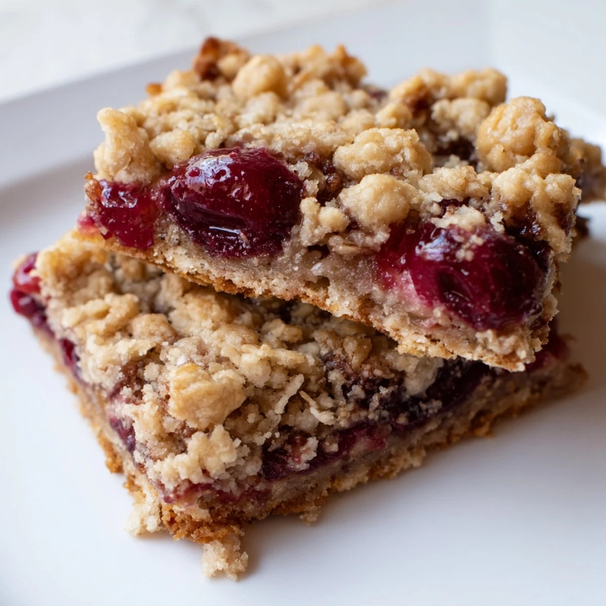 Stack of Cherry Crumble Bars served on a white plate beside a scoop of vanilla ice cream for dessert.