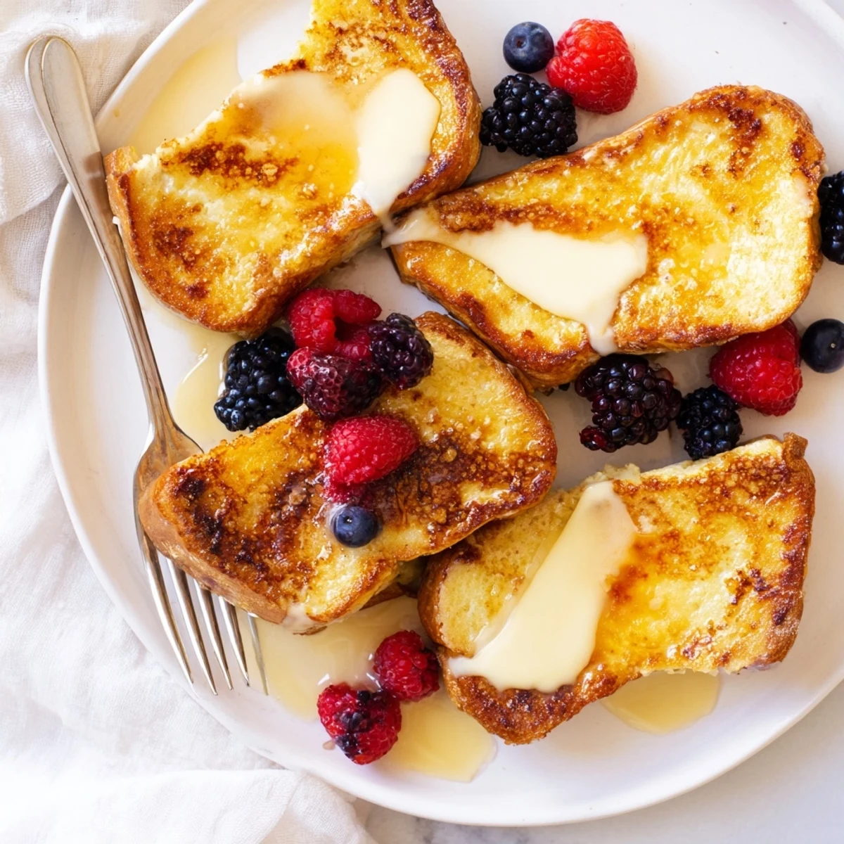 Freshly baked Crème Brûlée French Toast showcases a golden, caramelized sugar crust on soft custard-soaked brioche slices.