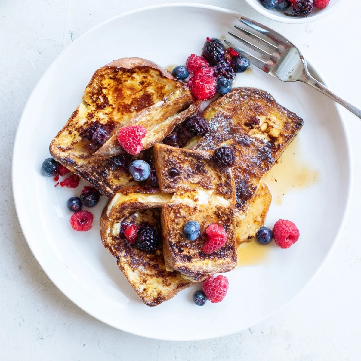 Golden-brown Crème Brûlée French Toast pieces rest on a white plate, drizzled with warm caramel sauce and fresh berries.