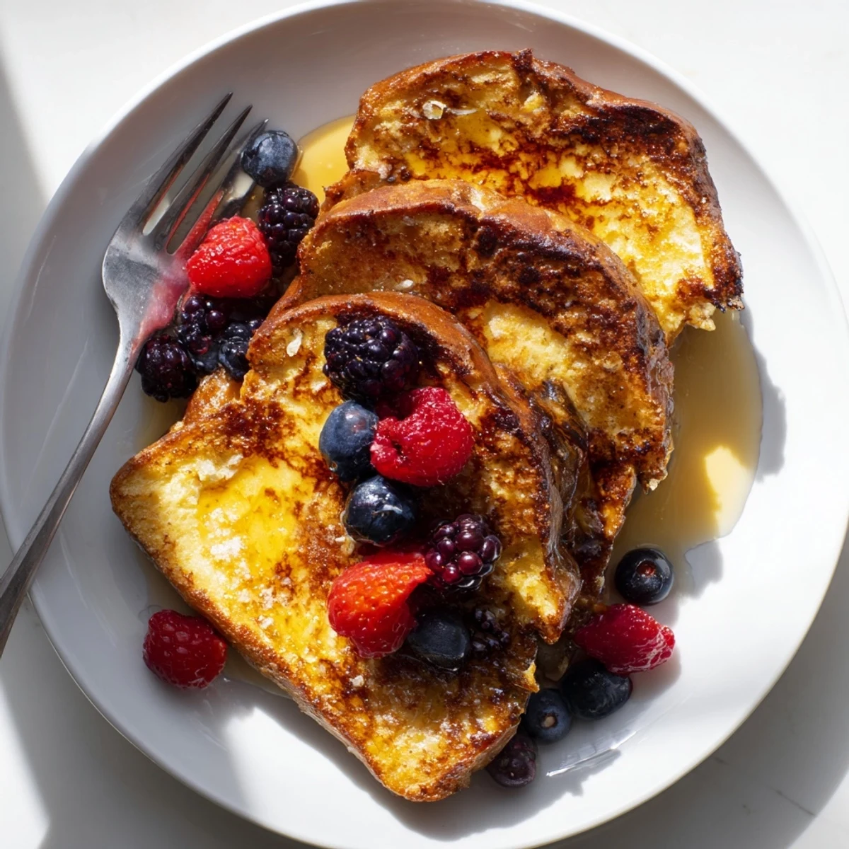 A close-up view of Crème Brûlée French Toast highlights the crackly torched sugar top and fluffy, custard-filled interior.