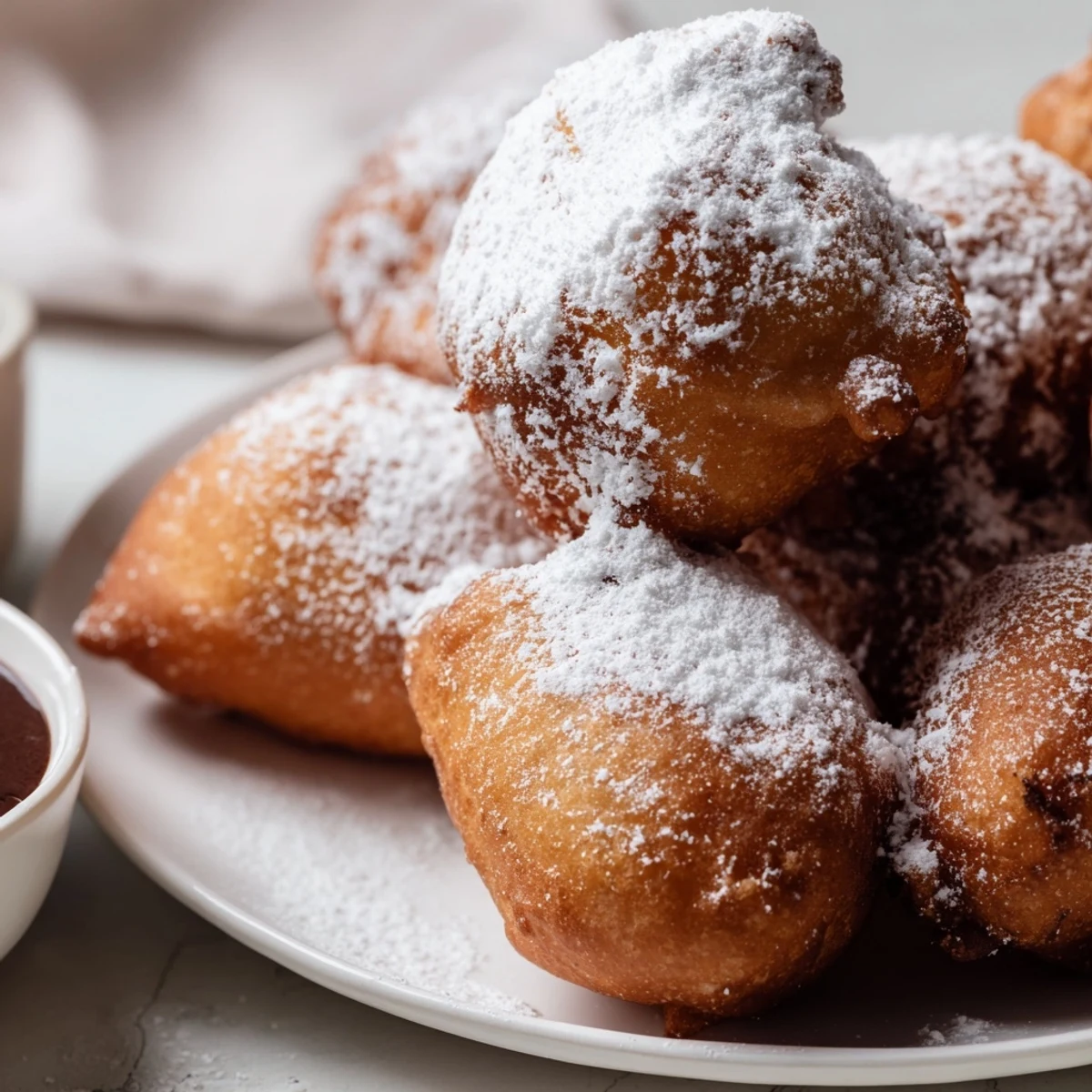 Golden, powdered sugar-dusted Vanilla French Beignets piled on a white plate ready for breakfast.