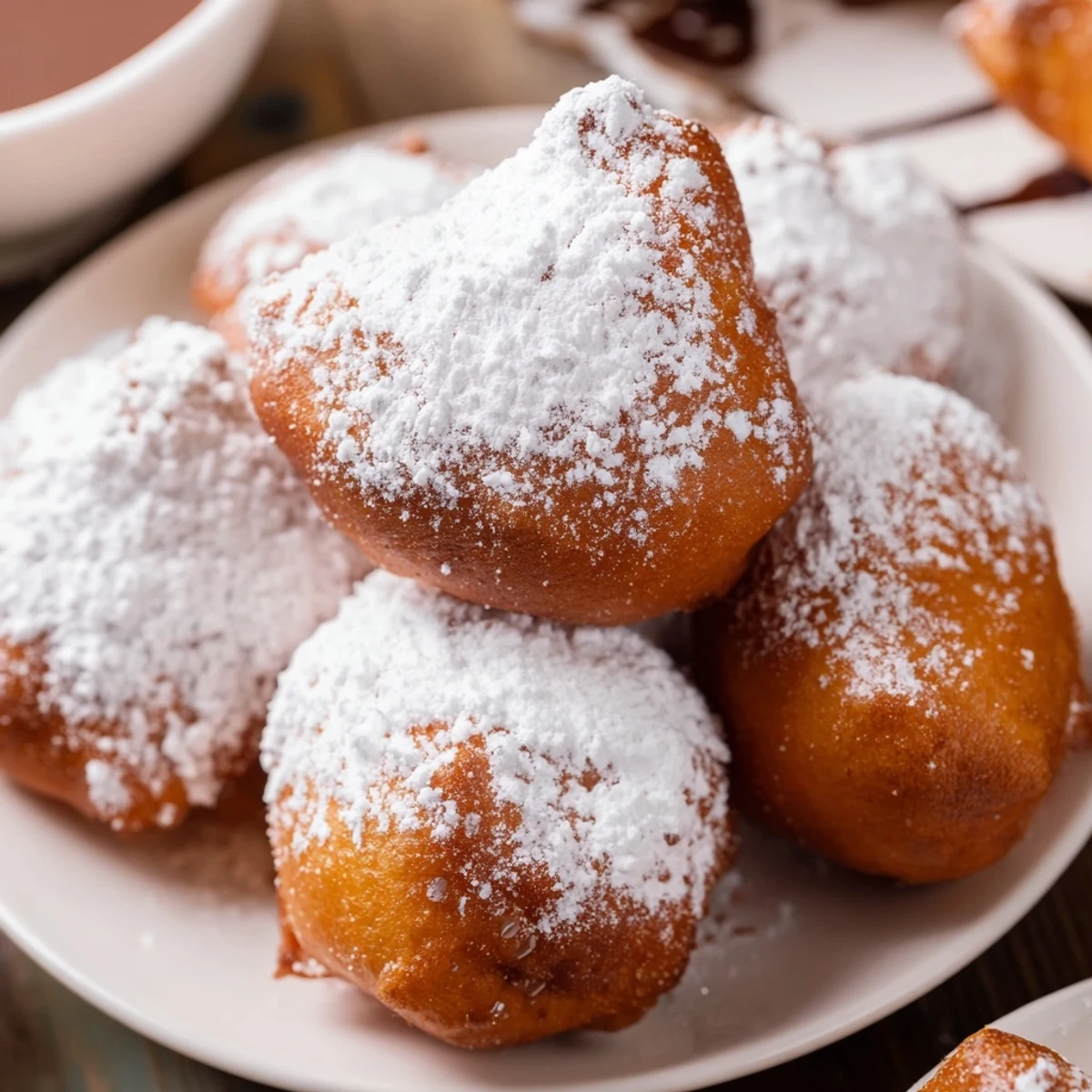 Freshly fried Vanilla French Beignets served warm on a baking sheet, perfect with coffee or jam.